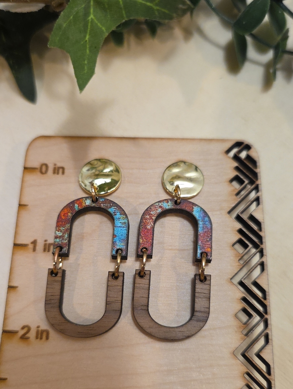Turquoise Blue & Brown Link Drop Earrings with Gold Studs